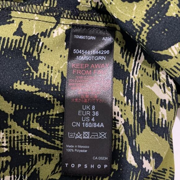Topshop Mini Dress Ruffle Hem Abstract Print Black Green Size 4 NWOT - Picture 8 of 9